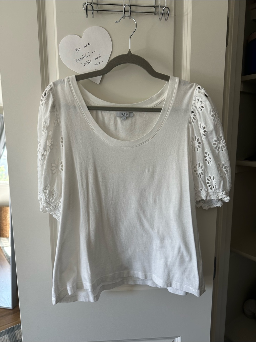 Rails Lightweight White Scoop Neck Top with Eyelet Puff Sleeves